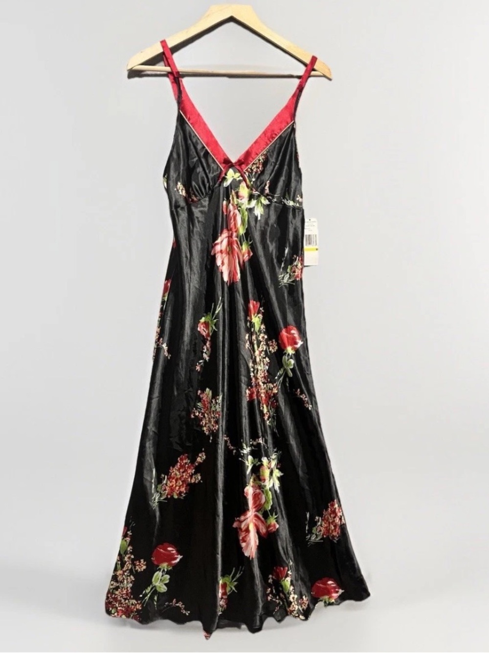 Women’s Baby Doll Maxi Slip Dress Chemise M Black Red Floral Satin New